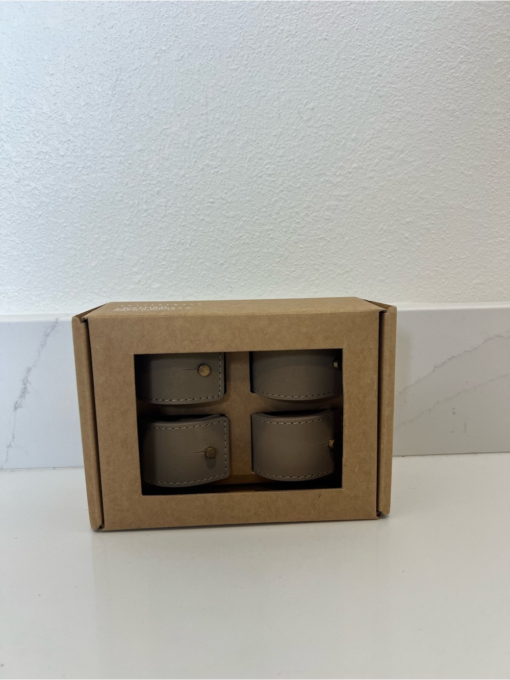 New in Box Pottery Barn Leather Napkin Ring Set - Taupe